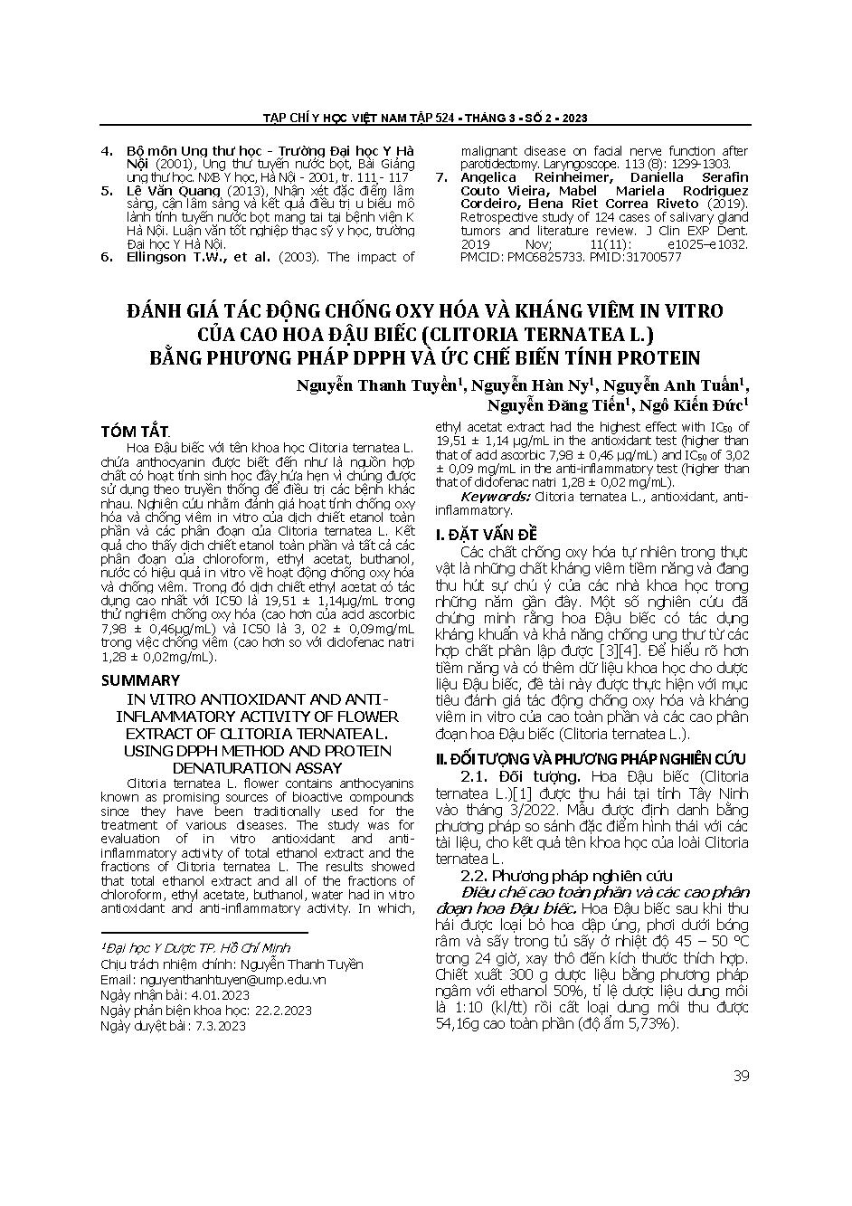 Đánh giá tác động chống oxy hóa và kháng viêm in vitro của cao hoa đậu biếc (Clitoria ternatea L.) bằng phương pháp DPPH và ức chế biến tính protein = In vitro antioxidant and anti-inflammatory activity of flower extract of Clitoria ternatea L. using DPPH