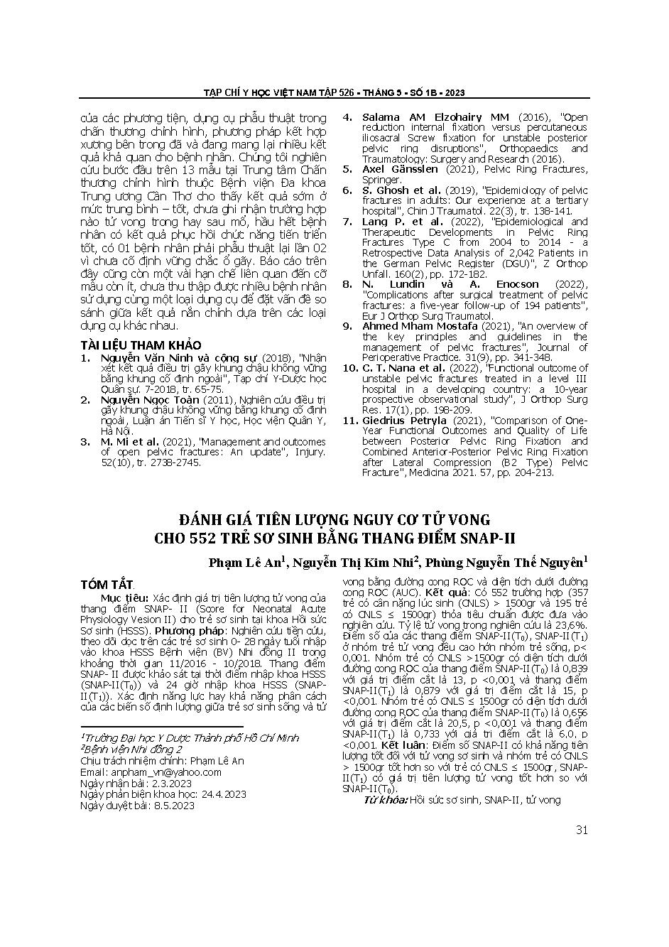 Đánh giá tiên lượng nguy cơ tử vong cho 552 trẻ sơ sinh bằng thang điểm SNAP-II = Evaluation of the score for neonatal acute physiology extension II to predict mortality in 552 newborns