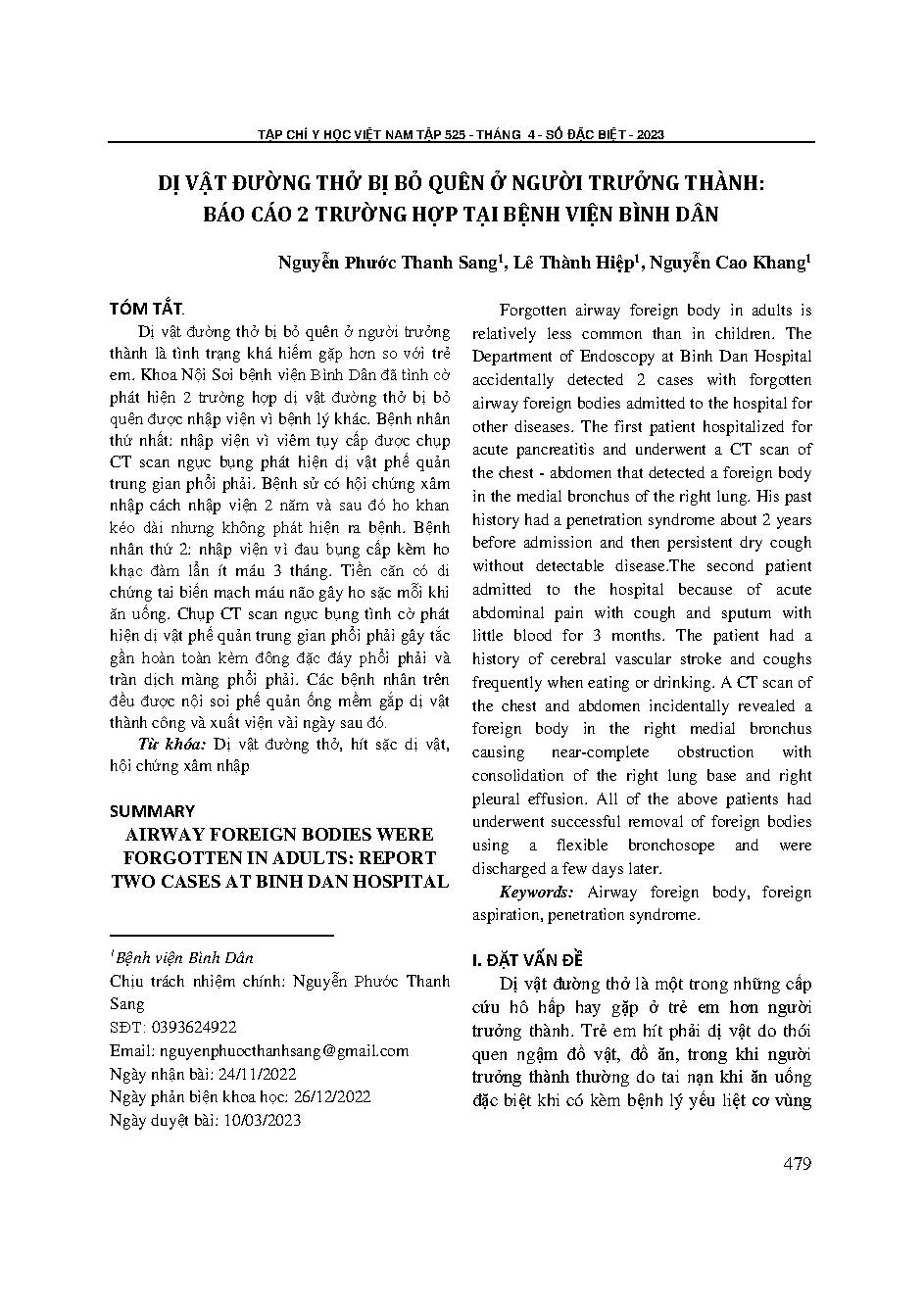 Dị vật đường thở bị bỏ quên ở người trưởng thành: báo cáo 2 trường hợp tại Bệnh viện Bình Dân