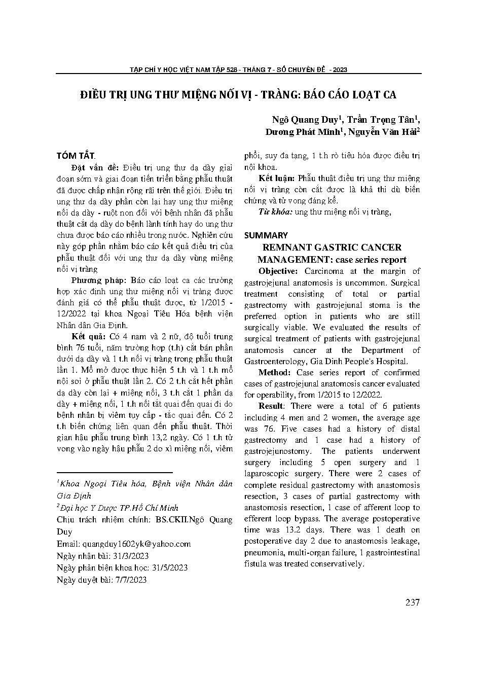 Điều trị ung thư miệng nối vị - tràng: Báo cáo loạt ca