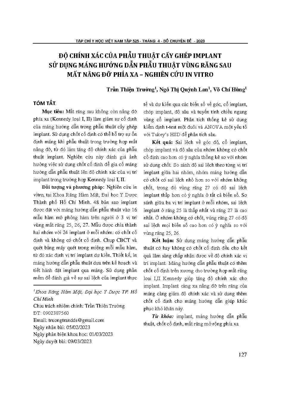 Độ chính xác của phẫu thuật cấy ghép implant sử dụng máng hướng dẫn phẫu thuật vùng răng sau mất nâng đỡ phía xa – nghiên cứu in vitro