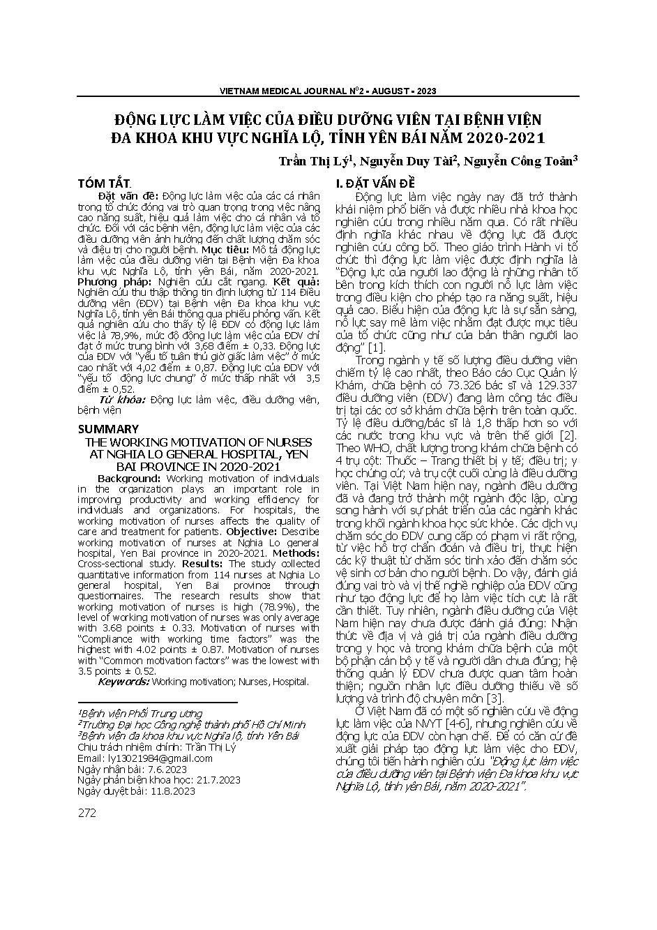 Động lực làm việc của điều dưỡng viên tại Bệnh viện Đa khoa khu vực Nghĩa Lộ, tỉnh Yên Bái năm 2020-2021