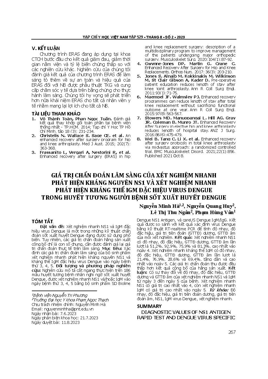Giá trị chẩn đoán lâm sàng của xét nghiệm nhanh phát hiện kháng nguyên NS1 và xét nghiệm nhanh phát hiện kháng thể IgM đặc hiệu virus dengue trong huyết tương người bệnh sốt xuất huyết dengue