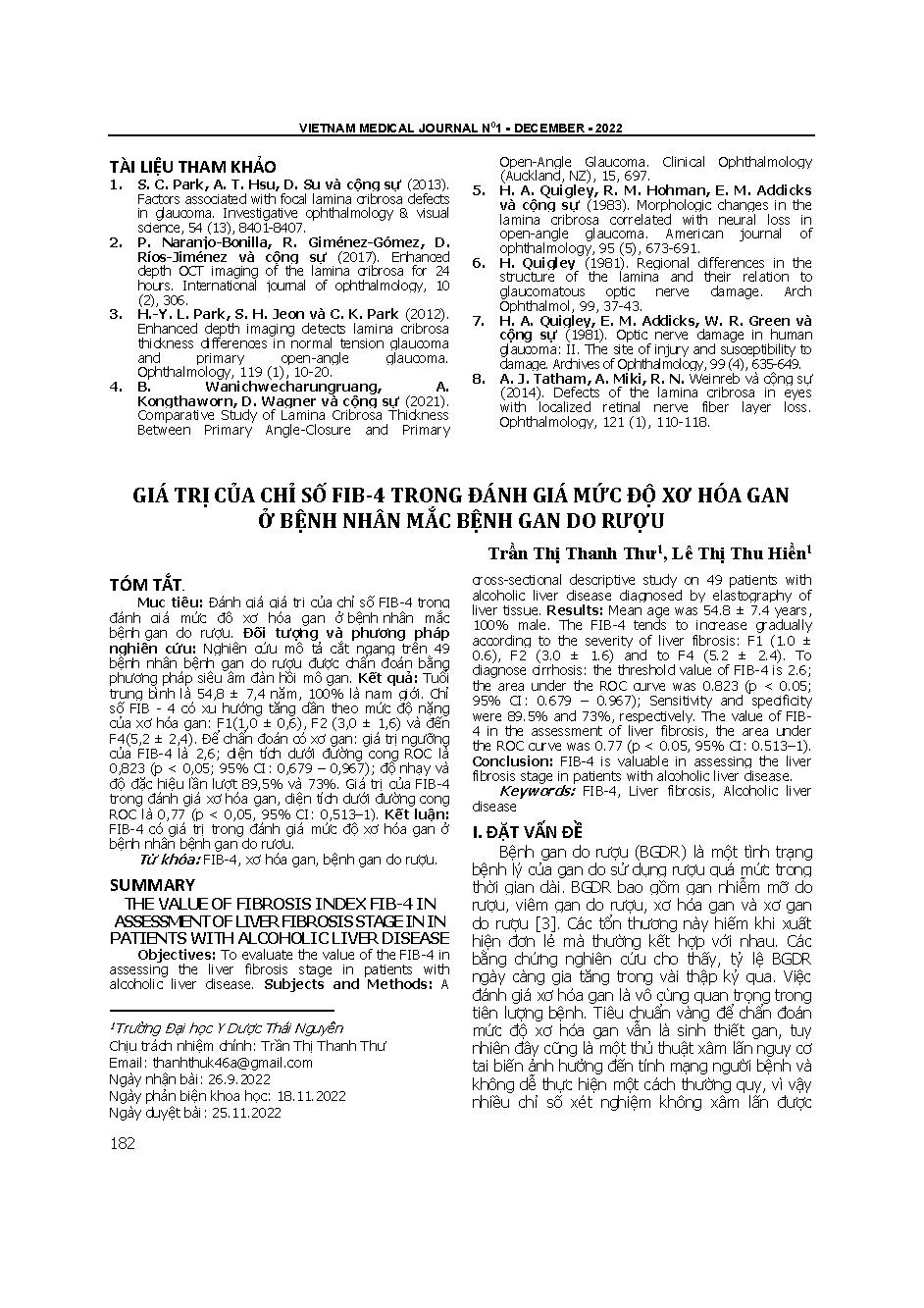 Giá trị của chỉ số FIB4 trong đánh giá mức độ xơ hóa gan ở bệnh nhân mắc bệnh gan do rượu = The value of fibrosis index FIB-4 in assessment of liver fibrosis stage in in patients with alcoholic liver disease