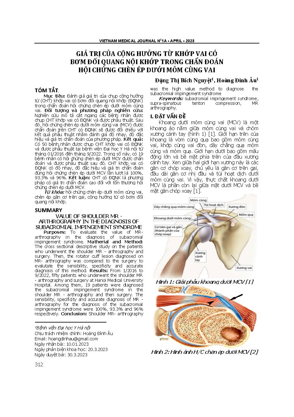 Giá trị của cộng hưởng từ khớp vai có bơm đối quang nội khớp trong chẩn đoán hội chứng chèn ép dưới mỏm cùng vai = Value of shoulder MR - arthrography in the diagnosis of subacromial impingement syndrome