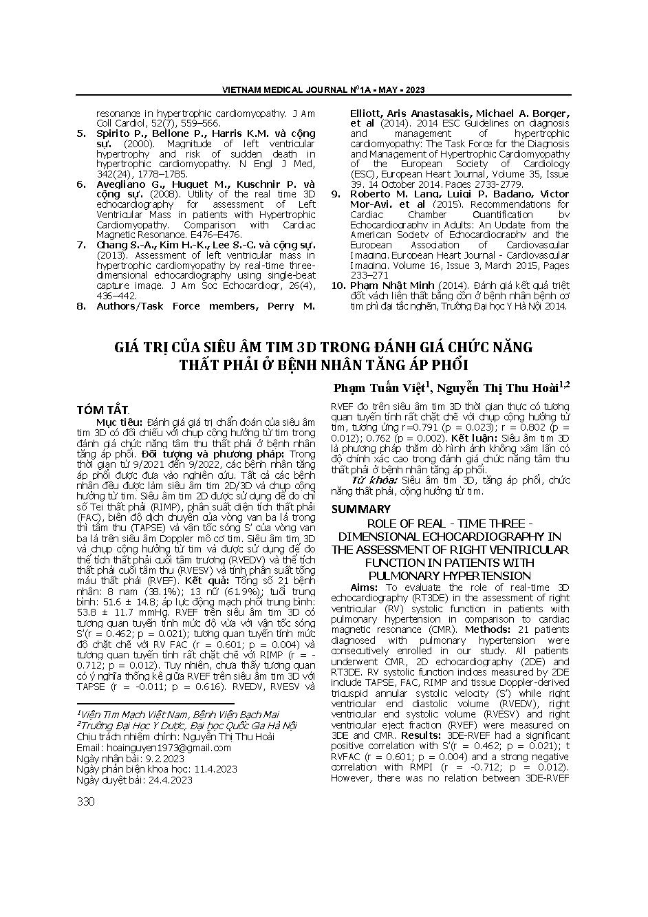Giá trị của siêu âm tim 3d trong đánh giá chức năng thất phải ở bệnh nhân tăng áp phổi = Role of real - time three - dimensional echocardiography in the assessment of right ventricular function in patients with pulmonary hypertension