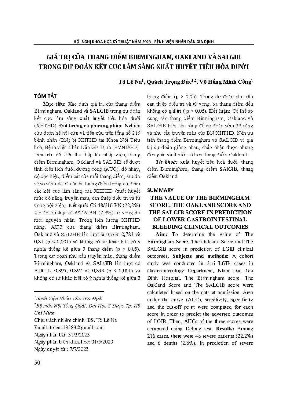 Giá trị của thang điểm Birmingham, Oakland và SAlGIB trong dự đoán kết cục lâm sàng xuất huyết tiêu hóa dưới