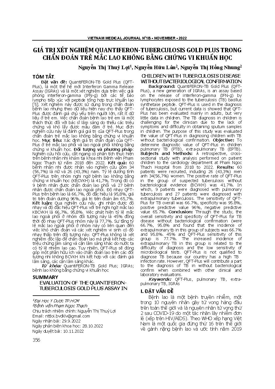 Giá trị xét nghiệm quantiferon-tuberculosis gold plus trong chẩn đoán trẻ mắc lao không bằng chứng vi khuẩn học = Evaluation of the quantiferon-tuberculosis gold plus assay in children with tuberculosis disease without bacteriological confirmation