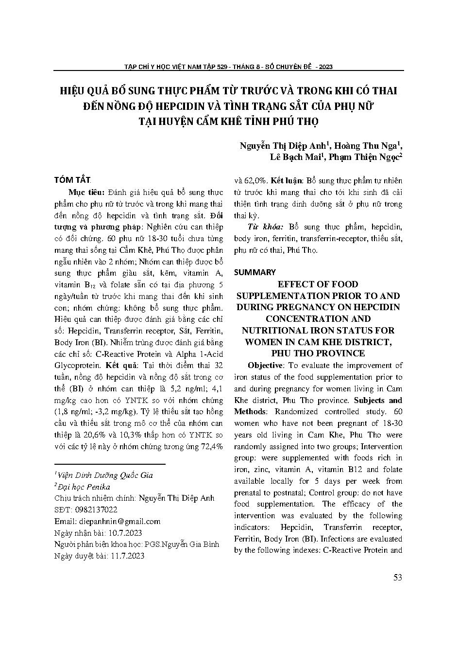 Hiệu quả bổ sung thực phẩm từ trước và trong khi có thai đến nồng độ hepcidin và tình trạng sắt của phụ nữ tại huyện Cẩm Khê tỉnh Phú Thọ