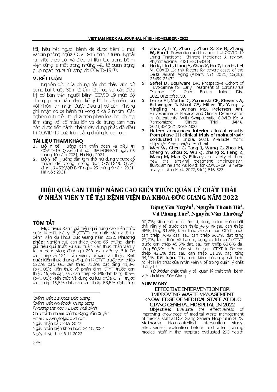 Hiệu quả can thiệp nâng cao kiến thức quản lý chất thải ở nhân viên y tế tại Bệnh viện Đa khoa Đức Giang năm 2022 = Effective intervention for improving waste management knowledge of medical staff at Duc Giang general hospital in 2022
