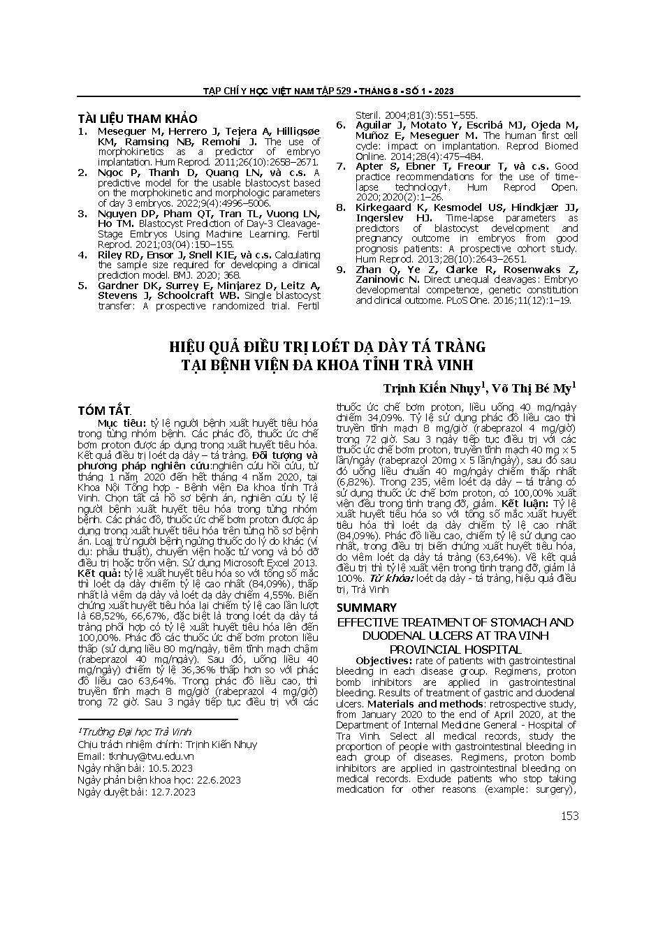 Hiệu quả điều trị loét dạ dày tá tràng tại Bệnh viện Đa khoa tỉnh Trà Vinh