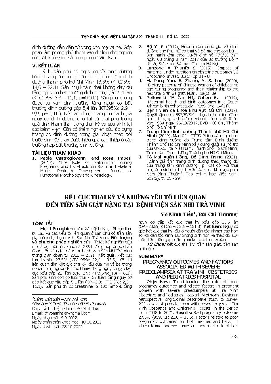 Kết cục thai kỳ và những yếu tố liên quan đến tiền sản giật nặng tại Bệnh viện Sản nhi Trà Vinh = Pregnancy outcomes and factors associated with severe preeclampsia at Tra Vinh obstetrics and pediatrics hospital
