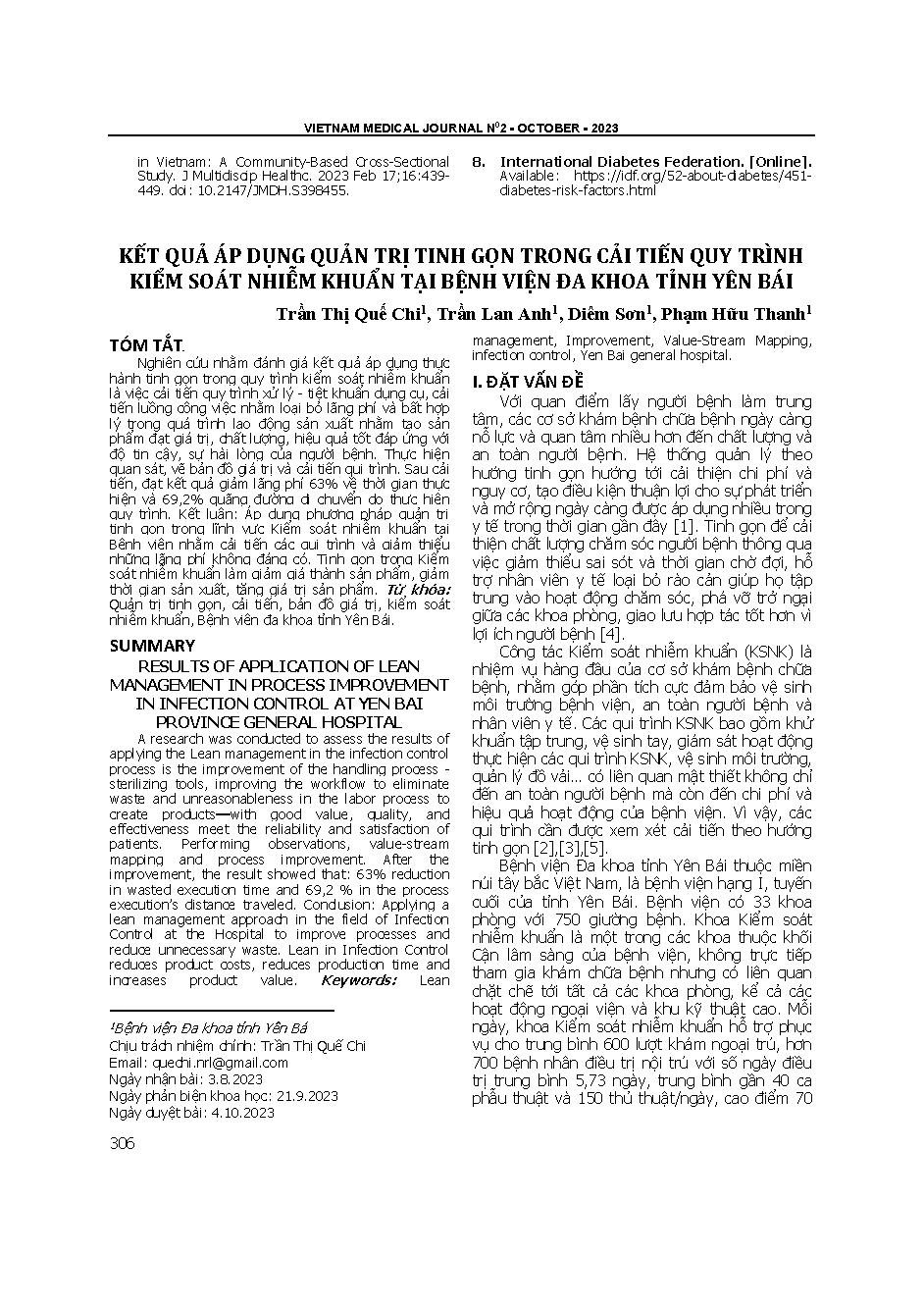Kết quả áp dụng quản trị tinh gọn trong cải tiến quy trình kiểm soát nhiễm khuẩn tại Bệnh viện Đa khoa tỉnh Yên Bái = Results of application of lean management in process improvement in infection control at Yen Bai province general hospital