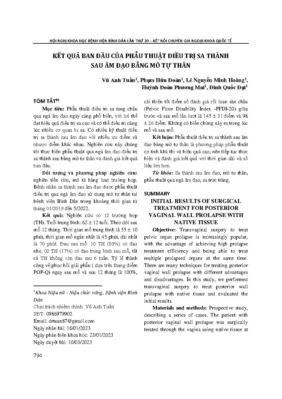 Kết quả ban đầu của phẫu thuật điều trị sa thành sau âm đạo bằng mô tự thân