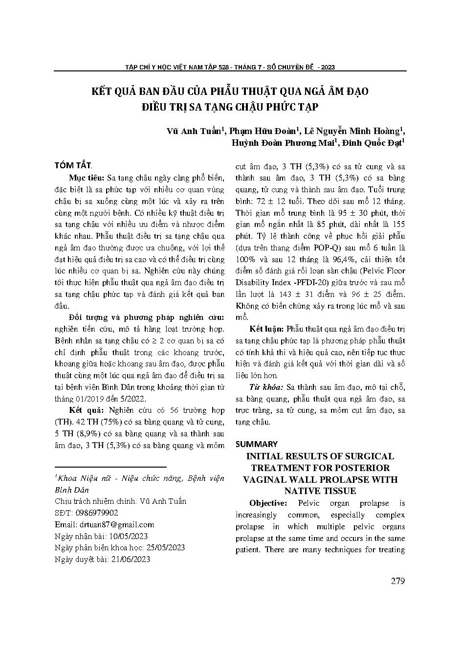 Kết quả ban đầu của phẫu thuật qua ngả âm đạo điều trị sa tạng chậu phức tạp