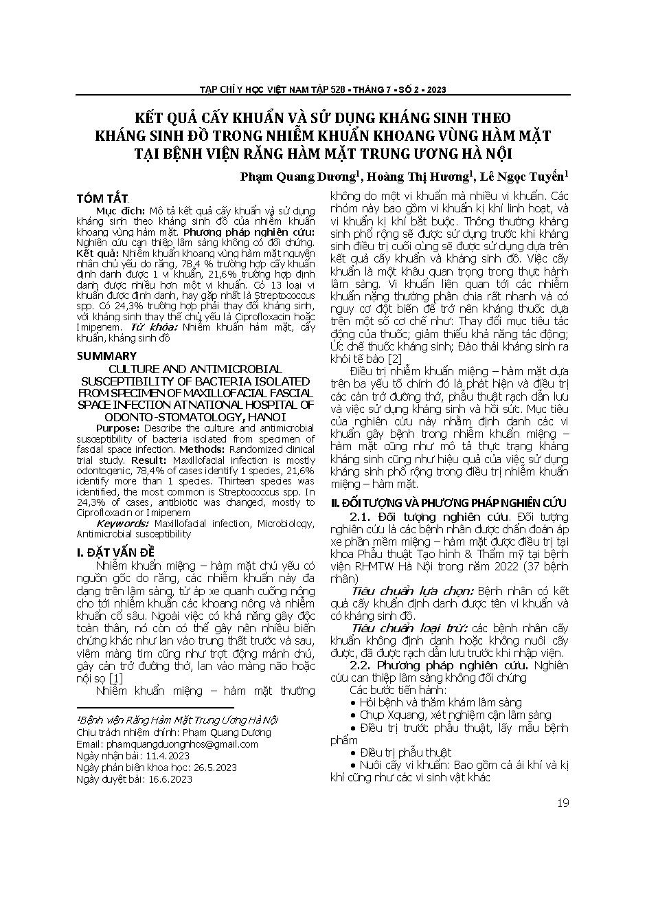 Kết quả cấy khuẩn và sử dụng kháng sinh theo kháng sinh đồ trong nhiễm khuẩn khoang vùng hàm mặt tại Bệnh viện Răng hàm mặt Trung ương Hà Nội