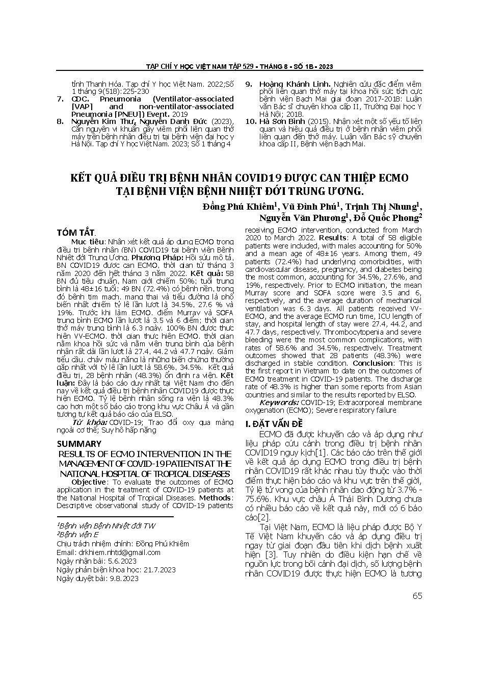 Kết quả điều trị bệnh nhân Covid19 được can thiệp ECMO tại Bệnh viện Bệnh Nhiệt đới Trung ương