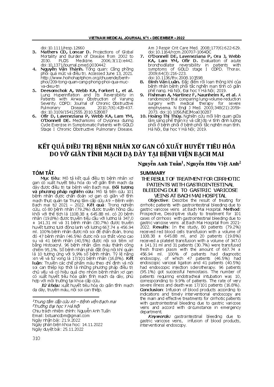 Kết quả điều trị bệnh nhân xơ gan có xuất huyết tiêu hóa do vỡ giãn tĩnh mạch dạ dày tại Bệnh viện Bạch Mai = The result of treatment for cirrhotic patients with gastrointestinal bleeding due to gastric varicose veins at Bach Mai hospital