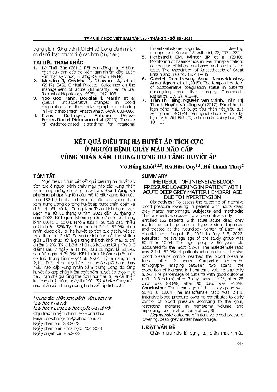 Kết quả điều trị hạ huyết áp tích cực ở người bệnh chảy máu não cấp vùng nhân xám trung ương do tăng huyết áp = The result of intensive blood pressure lowering in patient with acute deep grey matter hemorrhage due to hypertension