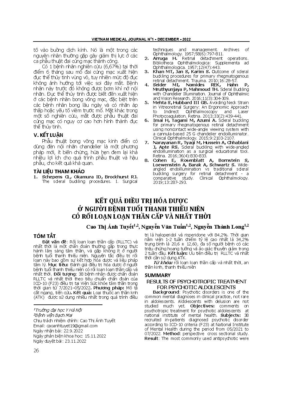 Kết quả điều trị hóa dược ở người bệnh tuổi thanh thiếu niên có rối loạn loạn thần cấp và nhất thời = Results of psychotropic treatment for psychotic aldolescents