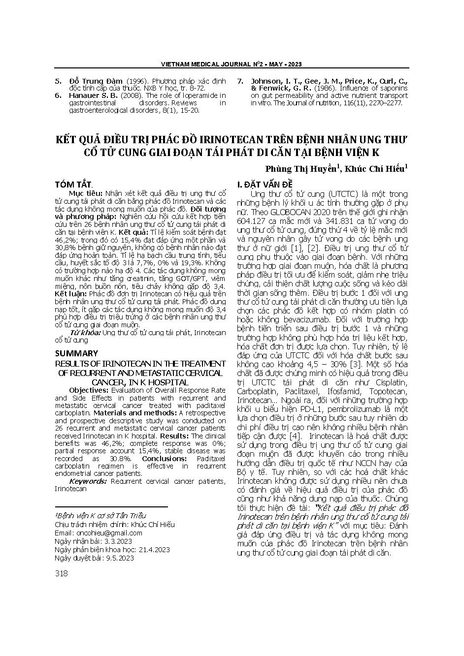 Kết quả điều trị phác đồ Irinotecan trên bệnh nhân ung thư cổ tử cung giai đoạn tái phát di căn tại Bệnh viện K = Results of irinotecan in the treatment of recurrent and metastatic cervical cancer, in K hospital