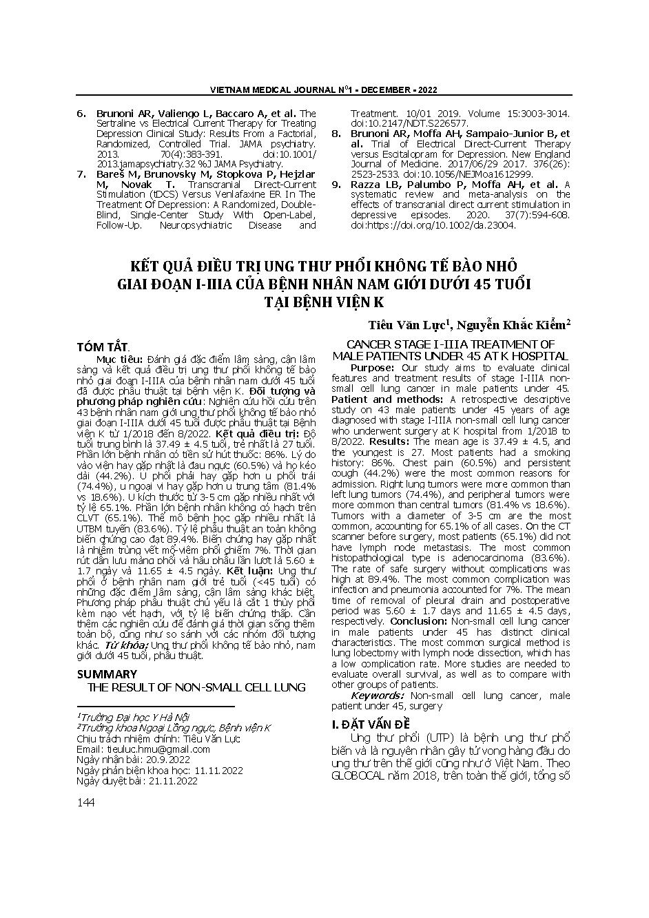 Kết quả điều trị ung thư phổi không tế bào nhỏ giai đoạn I-IIIA của bệnh nhân nam giới dưới 45 tuổi tại bệnh viện K = The result of non-small cell lung cancer stage I-IIIA treatment of male patients under 45 at K hospital