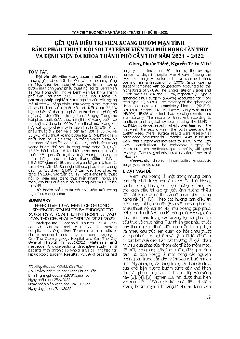 Kết quả điều trị viêm xoang bướm mạn tính bằng phẫu thuật nội soi tại Bệnh viện Tai Mũi Họng Cần Thơ và Bệnh viện Đa khoa thành phố Cần Thơ năm 2021 – 2022 = Effective treatment of chronic sphenoid sinusitis by endoscopic surgery at Can Tho ent hospital a