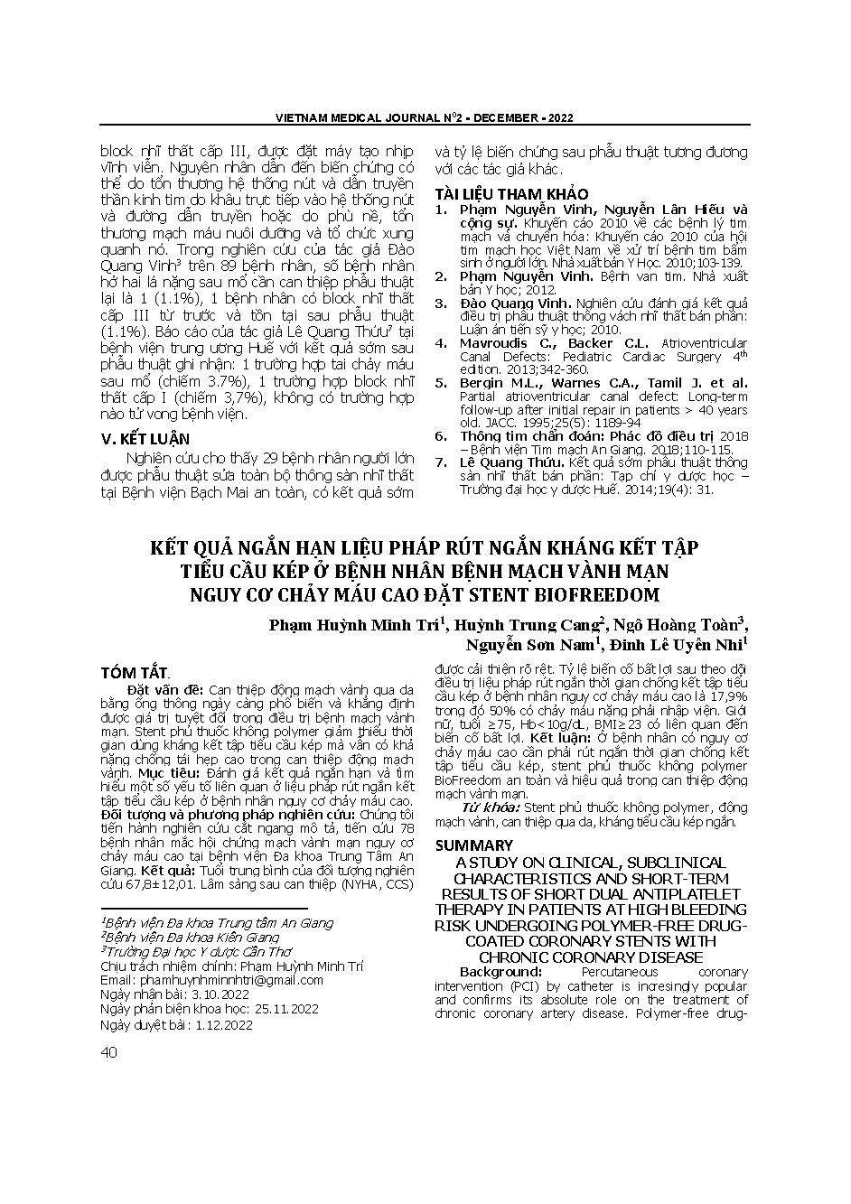 Kết quả ngắn hạn liệu pháp rút ngắn kháng kết tập tiểu cầu kép ở bệnh nhân bệnh mạch vành mạn nguy cơ chảy máu cao đặt stent biofreedom = A study on clinical, subclinical characteristics and short-term results of short dual antiplatelet therapy in patient