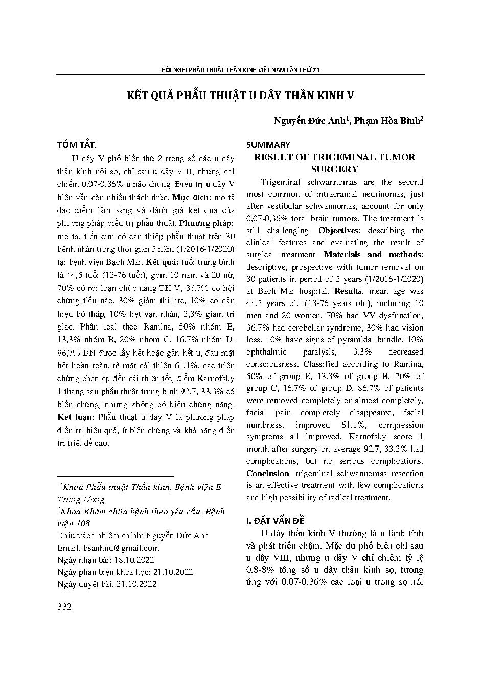 Kết quả phẫu thuật u dây thần kinh V = Result of trigeminal tumor surgery
