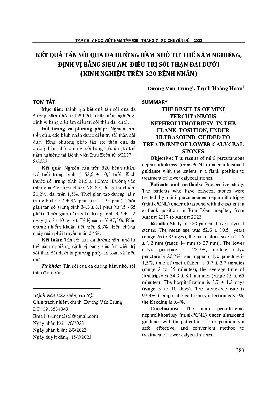Kết quả tán sỏi qua da đường hầm nhỏ tư thế nằm nghiêng, định vị bằng siêu âm điều trị sỏi thận đài dưới (Kinh nghiệm trên 520 bệnh nhân)