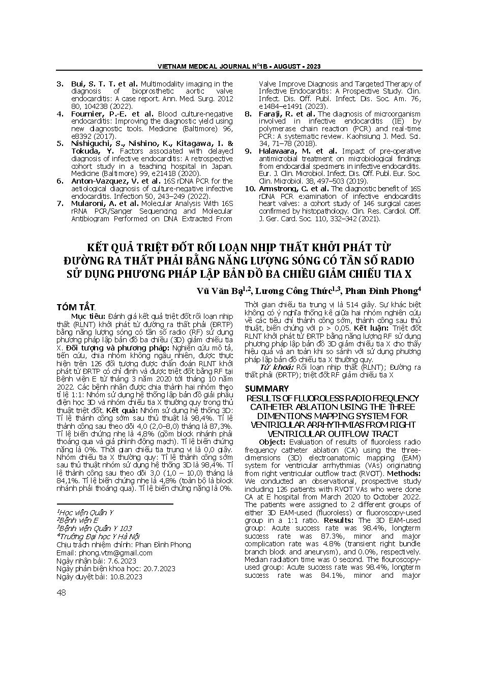 Kết quả triệt đốt rối loạn nhịp thất khởi phát từ đường ra thất phải bằng năng lượng sóng có tần số radio sử dụng phương pháp lập bản đồ ba chiều giảm chiếu tia X