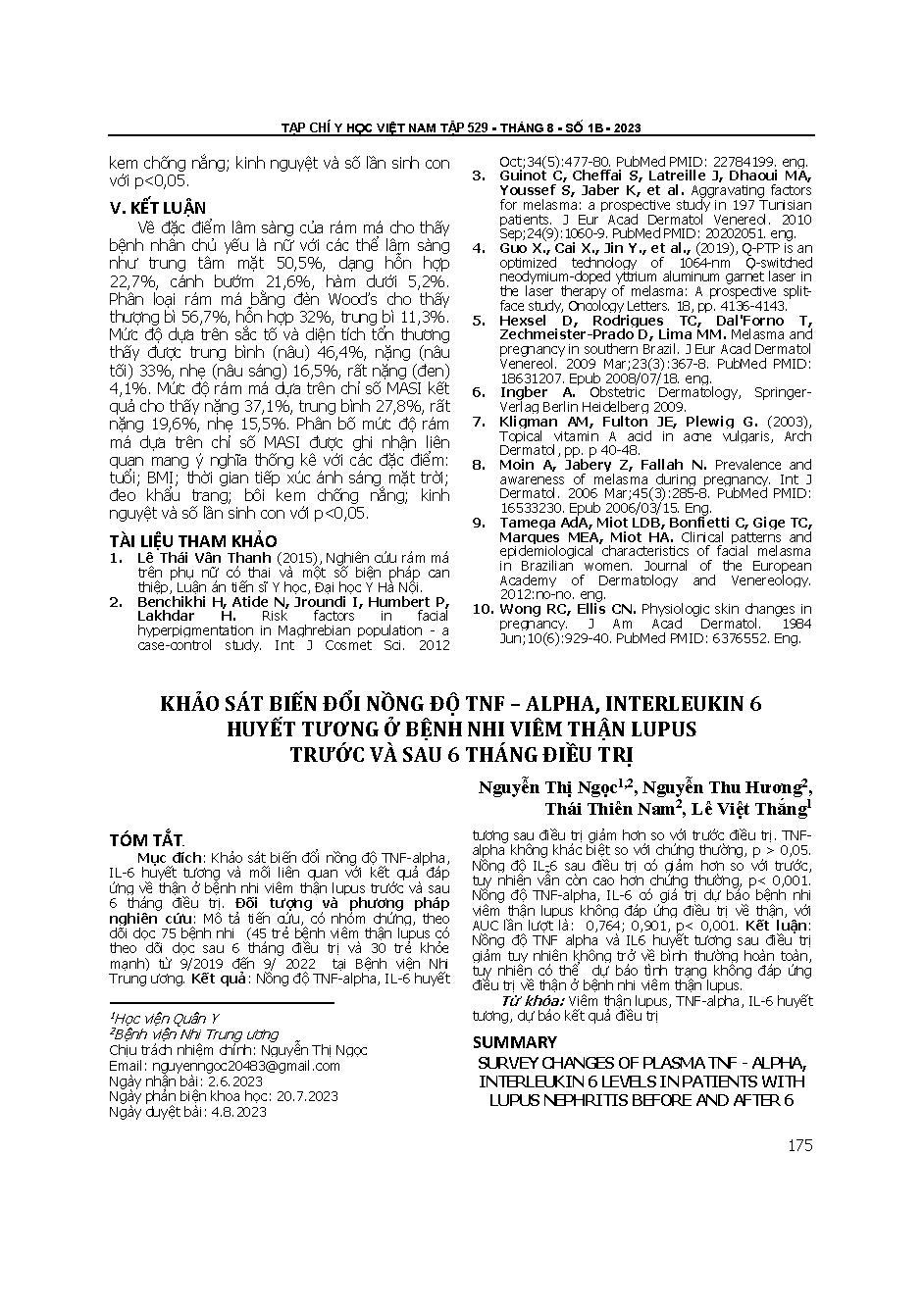 Khảo sát biến đổi nồng độ TNF - Alpha, Interleukin 6 huyết tương ở bệnh nhi viêm thận lupus trước và sau 6 tháng điều trị