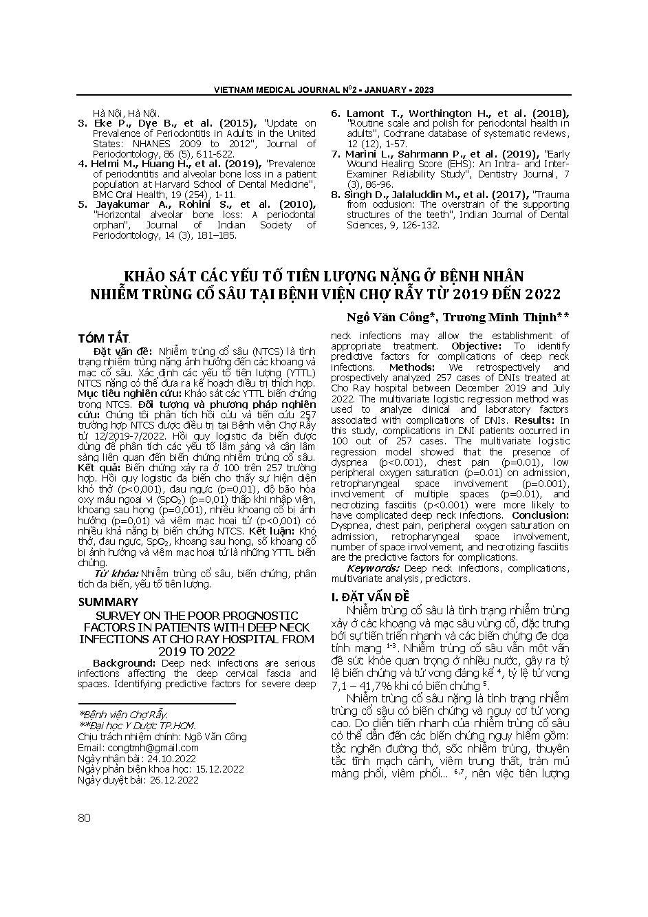 Khảo sát các yếu tố tiên lượng nặng ở bệnh nhân nhiễm trùng cổ sâu tại Bệnh viện Chợ Rẫy từ 2019 đến 2022 = Survey on the poor prognostic factors in patients with deep neck infections at Cho Ray hospital from 2019 to 2022