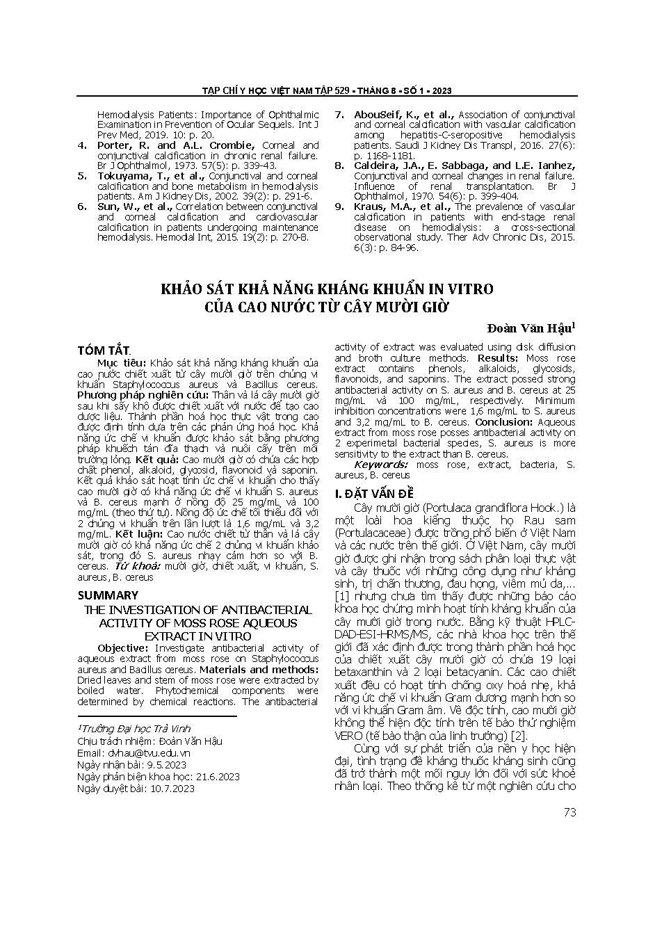 Khảo sát khả năng kháng khuẩn in vitro của cao nước từ cây mười giờ