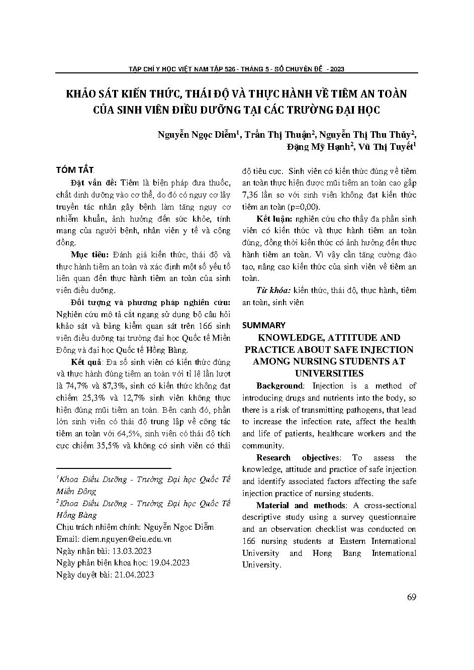 Khảo sát kiến thức, thái độ và thực hành về tiêm an toàn của sinh viên điều dưỡng tại các trường đại học