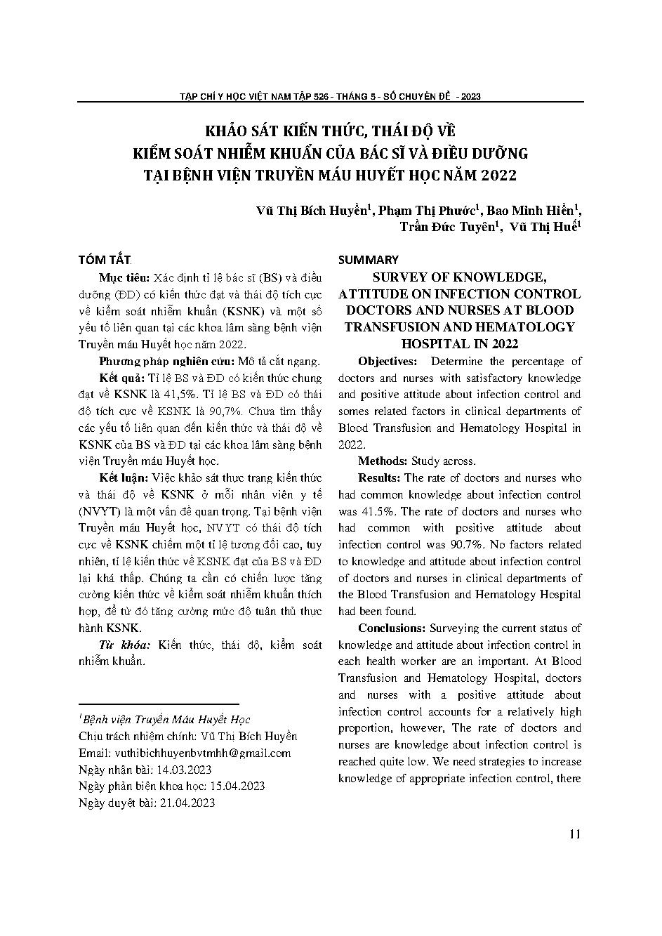 Khảo sát kiến thức, thái độ về kiểm soát nhiễm khuẩn của bác sĩ và điều dưỡng tại Bệnh viện Truyền Máu Huyết Học học năm 2022