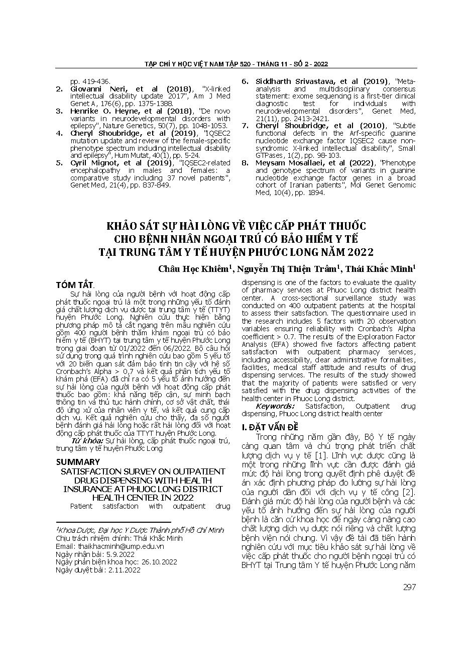 Khảo sát sự hài lòng về việc cấp phát thuốc cho bệnh nhân ngoại trú có bảo hiểm y tế tại Trung tâm Y tế huyện Phước Long năm 2022 = Satisfaction survey on outpatient drug dispensing with health insurance at Phuoc Long district health center in 2022