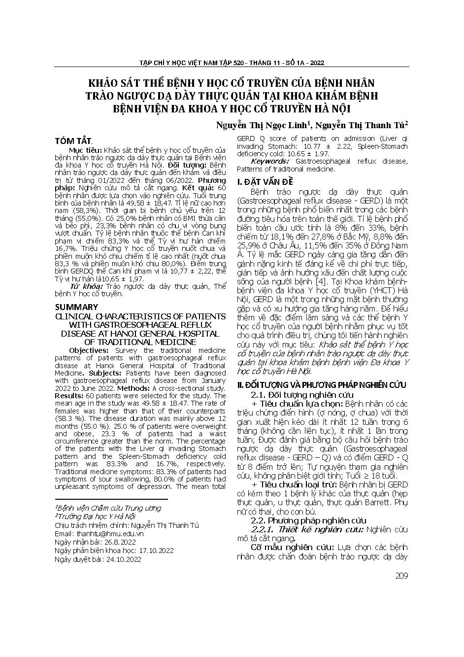 Khảo sát thể bệnh y học cổ truyền của bệnh nhân trào ngược dạ dày thực quản tại khoa khám bệnh Bệnh viện Đa khoa Y học Cổ truyền Hà Nội = Clinical characteristics of patients with gastroesophageal reflux disease at Hanoi general hospital of traditional me