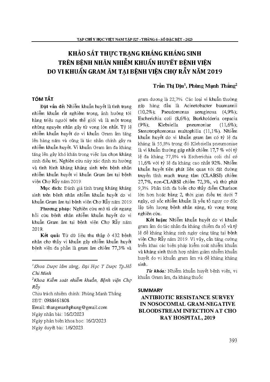 Khảo sát thực trạng kháng kháng sinh trên bệnh nhân nhiễm khuẩn huyết bệnh viện do vi khuẩn gram âm tại Bệnh viện Chợ Rẫy năm 2019
