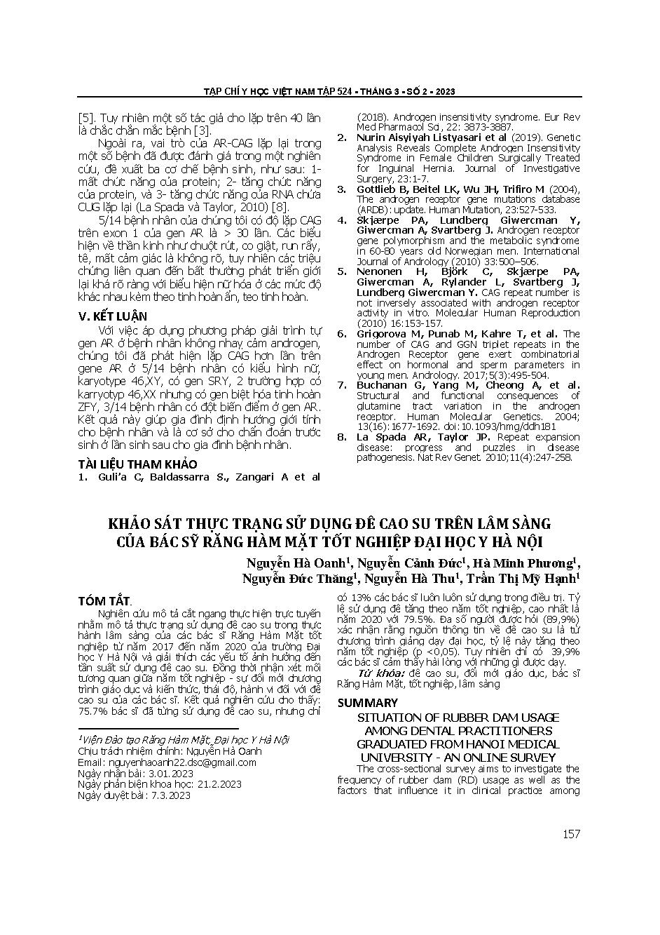 Khảo sát thực trạng sử dụng đê cao su trên lâm sàng của bác sĩ răng hàm mặt tốt nghiệp Đại học Y Hà Nội = Situation of rubber dam usage among dental practitioners graduated from Hanoi medical university - an online survey