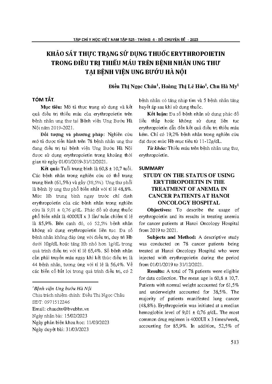 Khảo sát thực trạng sử dụng thuốc erythropoietin trong điều trị thiếu máu trên bệnh nhân ung thư tại Bệnh viện Ung bướu Hà Nội