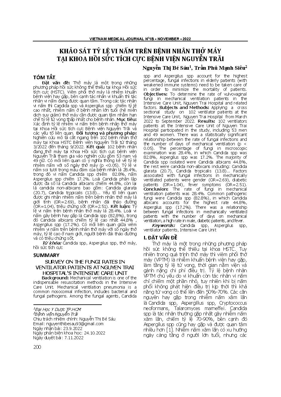 Khảo sát tỷ lệ vi nấm trên bệnh nhân thở máy tại Khoa Hồi sức tích cực Bệnh viện Nguyễn Trãi = Survey on the fungi rates in ventilator patients at Nguyen Trai hospital's intensive care unit