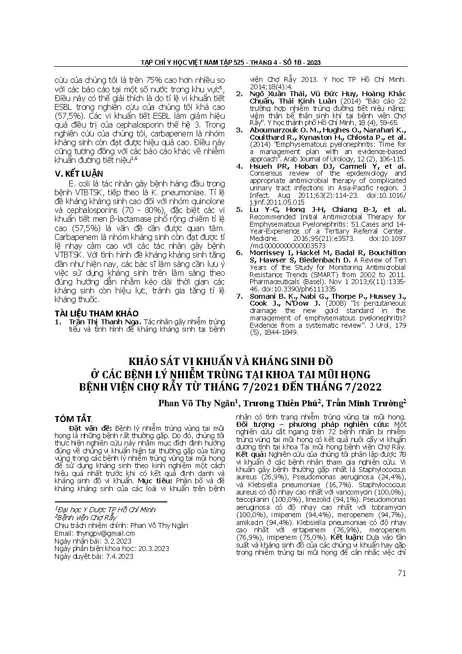 Khảo sát vi khuẩn và kháng sinh đồ ở các bệnh lý nhiễm trùng tại Khoa Tai Mũi Họng Bệnh viện Chợ Rẫy từ tháng 7/2021 đến tháng 7/2022 = Survey of bacteria and antibiogram on infection at otorhinolaryngology department of Cho Ray hospital from july 2021 to