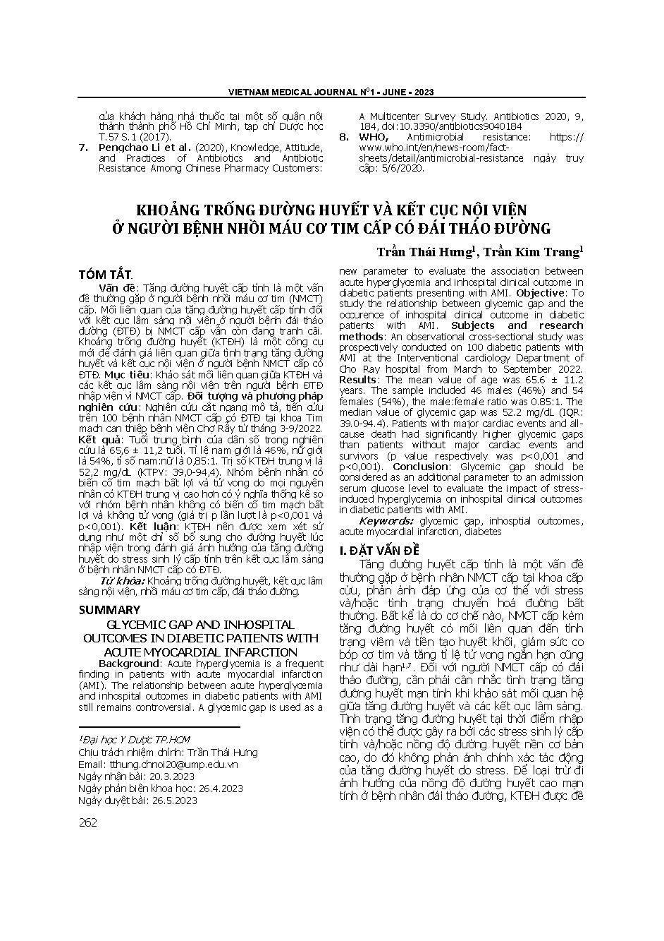 Khoảng trống đường huyết và kết cục nội viện ở người bệnh nhồi máu cơ tim cấp có đái tháo đường = Glycemic gap and in hospital outcomes in diabetic patients with acute myocardial infarction