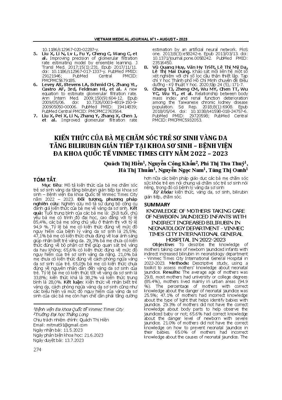 Kiến thức của bà mẹ chăm sóc trẻ sơ sinh vàng da tăng bilirubin gián tiếp tại Khoa Sơ sinh - Bệnh viện Đa khoa quốc tế Vinmec Times city năm 2022 – 2023