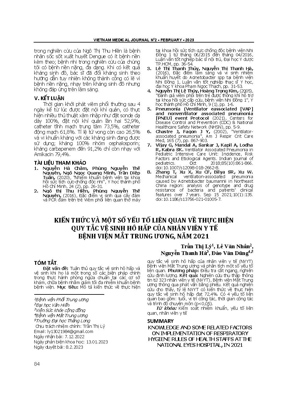 Kiến thức và một số yếu tố liên quan về thực hiện quy tắc vệ sinh hô hấp của nhân viên y tế Bệnh viện Mắt Trung ương, năm 2021 = Knowledge and some related factors on implementation of respiratory hygiene rules of health staffs at the National eyes hospit