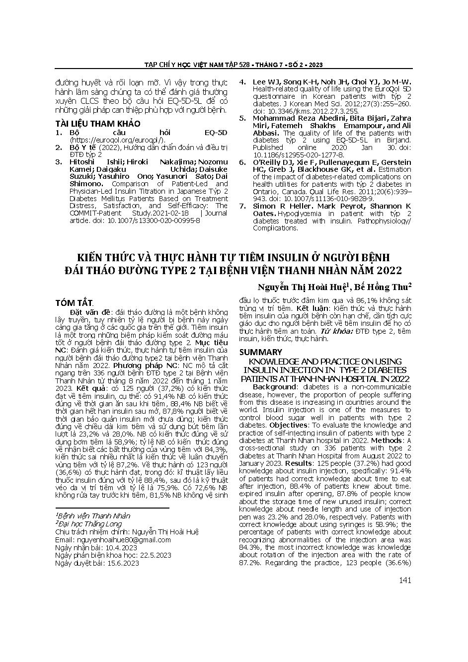 Kiến thức và thực hành tự tiêm insulin ở người bệnh đái tháo đường type 2 tại Bệnh viện Thanh Nhàn năm 2022