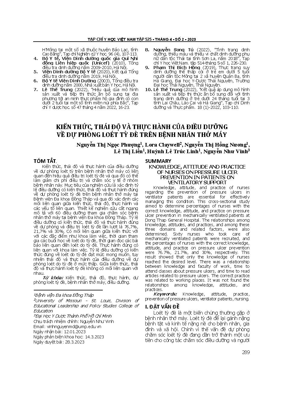 Kiến thức, thái độ và thực hành của điều dưỡng về dự phòng loét tỳ đè trên bệnh nhân thở máy = Knowledge, attitude and practice of nurses on pressure ulcer prevention in patients on ventilatory support