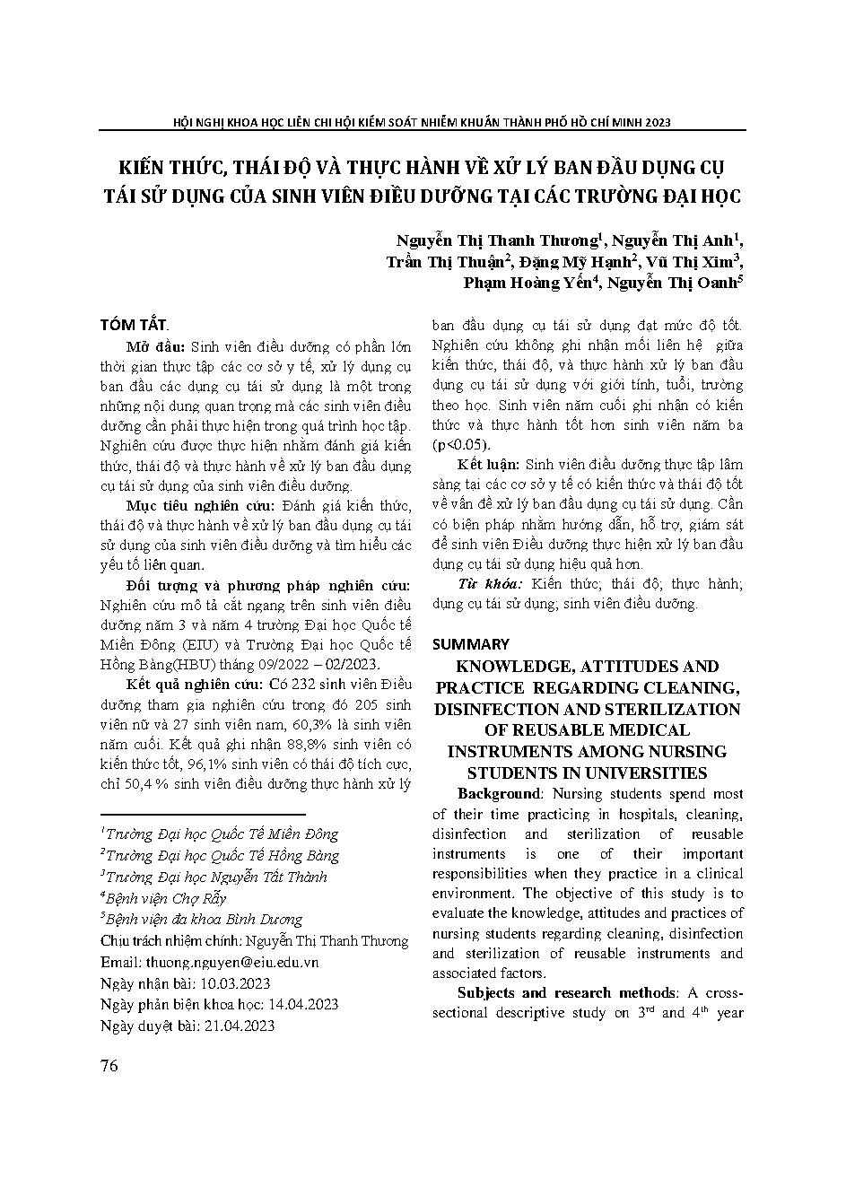 Kiến thức, thái độ và thực hành về xử lý ban đầu dụng cụ tái sử dụng của sinh viên điều dưỡng tại các trường đại học