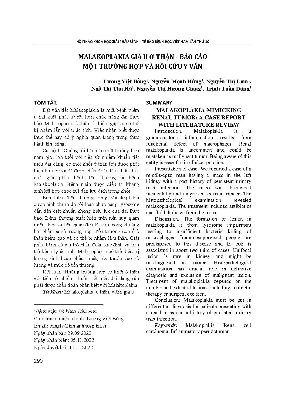Malakoplakia giả u ở thận - Báo cáo một trường hợp và hồi cứu y văn = Malakoplakia mimicking renal tumor: A case report with literature review